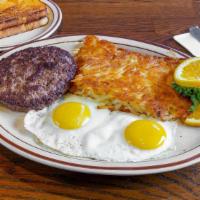 Hamburger Patty & Eggs · One 1/2 lb. hamburger patty cooked the way you like it with two eggs any style, served with ...