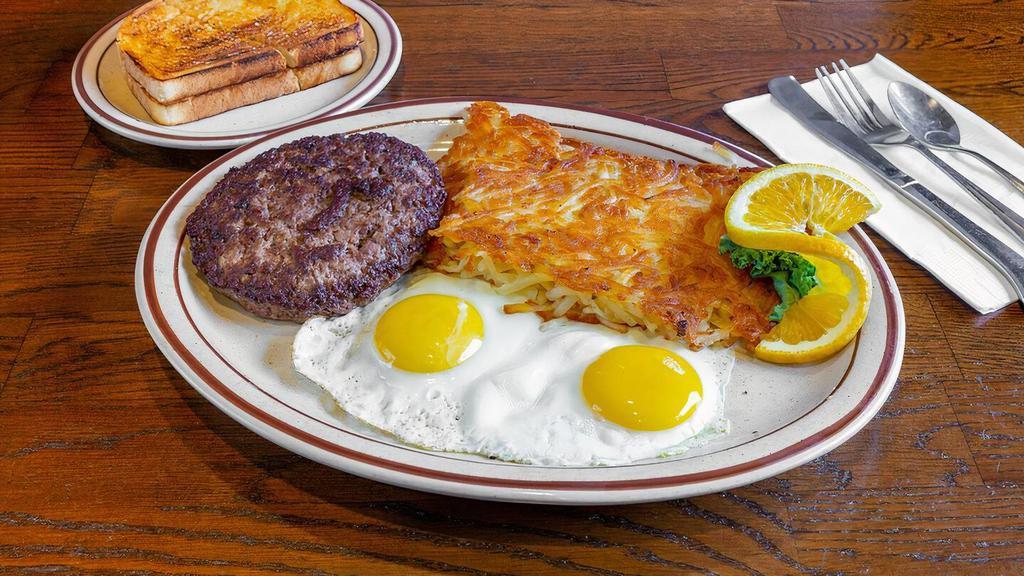 Hamburger Patty & Eggs · One 1/2 lb. hamburger patty cooked the way you like it with two eggs any style, served with four buttermilk pancakes.