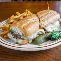 Park City Sandwich · Roast beef and melted Swiss cheese with sautéed mushrooms, green peppers, and onions on a Fr...