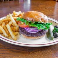 Hamburger · Served on a fresh grilled brioche bun with lettuce, tomato, pickles, and our own special rel...