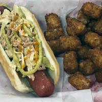 Nathans Slaw Dog · Pictured: World-famous Nathan Hotdog topped with DOG Slaw and Spicy Brown Mustard, Honey-Sri...