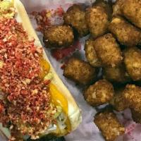 Flaming Chili Dog (Crushed Spicy Cheeto'S) · Pictured: Nathans World Famous Hot Dog topped with Spicy Brown Mustard, DOG Chili, Hot Nacho...