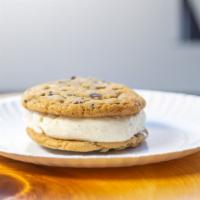 Large Ice Cream Cookie Sandwich · Chocolate chip cookies and vanilla bean ice cream.