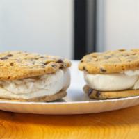 Small Ice Cream Cookie Sandwiches · Chocolate chip cookies and vanilla bean ice cream.