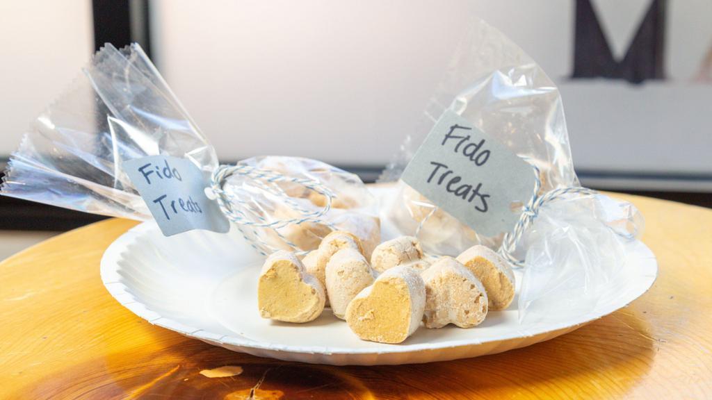 Fido Treats · 6 small heart shaped frozen dog treats.  If out will substitute 2 large bone shaped frozen dog treats (milk bone biscuit in each large treat).