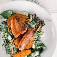 Fried Green Tomato Blt Salad · Braised pork belly, apple smoked bacon, blue cheese, carrot, blue cheese dressing.
