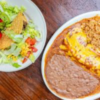 Las Lomas Dinner · Cheese enchiladas, topped with chile con carne, crispy beef taco, queso chip and guacamole s...