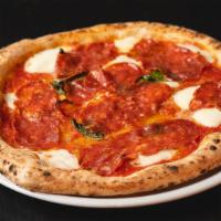Gennarino Pizza · Mozzarella, tomato sauce, spicy soppressata, and basil