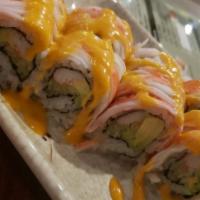 Volcano Roll (8Pcs) · California roll, baked crabmeat, and mayo on top.