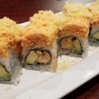 Crunchy 2 In 1 (8Pcs) · Salmon tempura, avocado inside top with spicy crabmeat and crunch flakes.