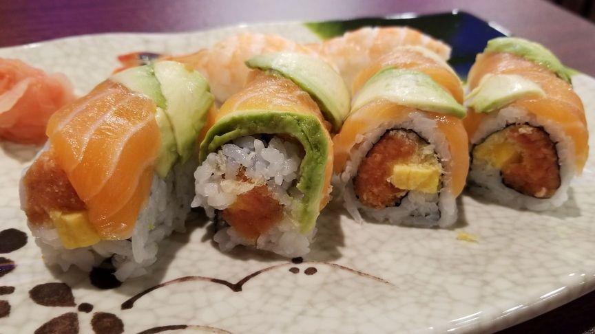 Green Sarabay (8Pcs) · Spicy tuna crunch and tamago inside with raw salmon, and avocado on top.