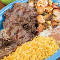 Steak & Shrimp · A great combination of grilled steak and shrimp, with bell peppers, mushrooms, onions, squas...