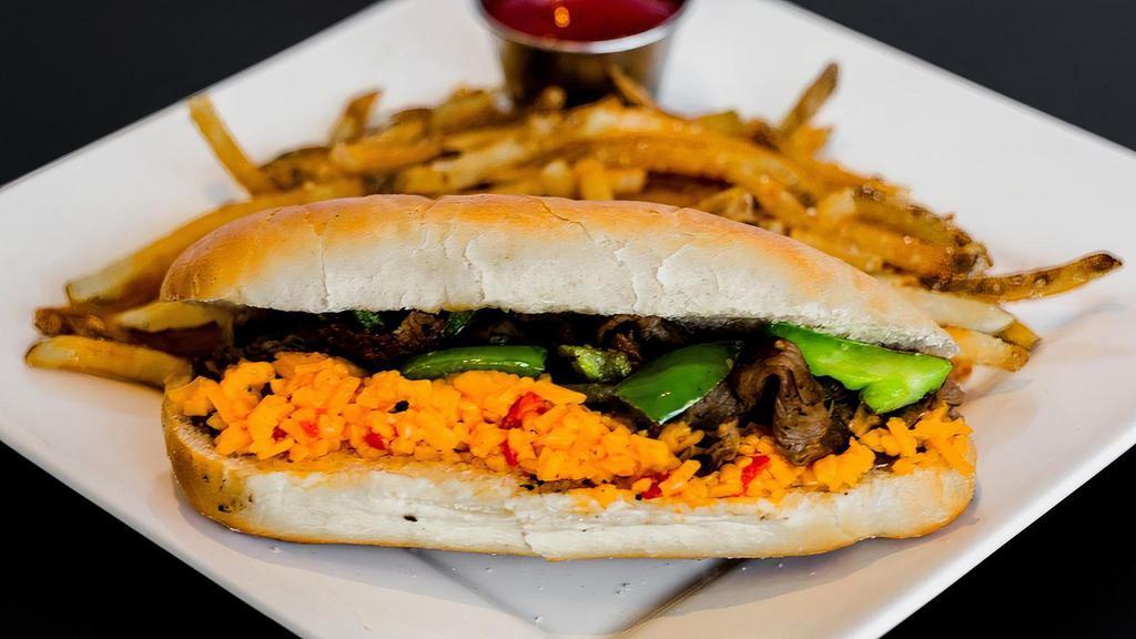 Southern Chicken Philly · A Mr. Cheesesteak Classic! Served with Pimento Cheese, Grilled Onions, and BBQ sauce.