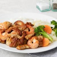 Chicken And Shrimp Teriyaki · Served with mixed vegetables and steamed rice