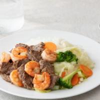 Beef And Shrimp Teriyaki · Served with mixed vegetables and steamed rice