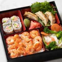 Shrimp Bento · Served with Steamed Rice, Vegetable, Dumplings (3), and spring roll (1)