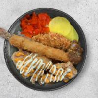 Mix Katsudon Curry · Combination of panko coated shrimp, chicken, and pork.