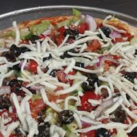 Salad Pizza · Lettuce, tomatoes, olives, onions, roasted peppers, oil and vinegar.