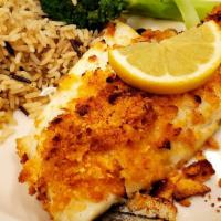 Butter Crumb Haddock · Baked with paprika & garlic butter cracker crumbs. Served with wild rice and broccoli.