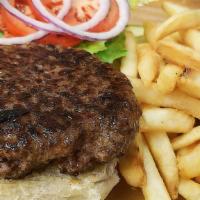 The B'Ville Burger Dinner · Made with ground beef fresh from Abbott farm’s, served on a warm toasted roll dressed with l...