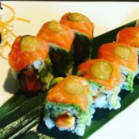 Salmon Lover Roll · Fresh salmon, cucumber and papaya inside topped with avocado, salmon, jalapeno and honey mis...