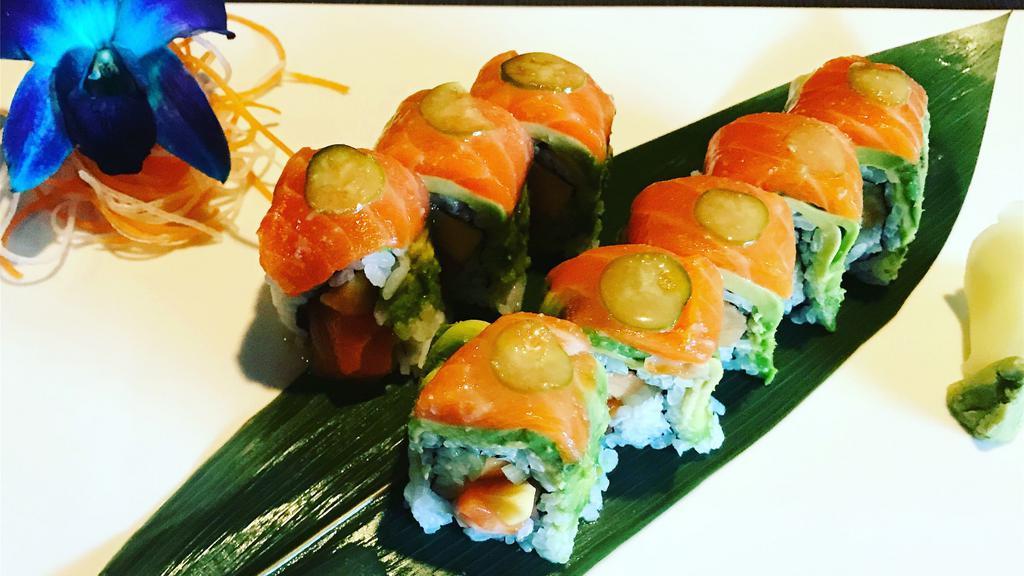 Salmon Lover Roll · Fresh salmon, cucumber and papaya inside topped with avocado, salmon, jalapeno and honey miso sauce.