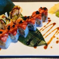 Fall River Roll · Deep fried soft shell crab and cucumber inside, topped with spicy crunch tuna and black fish...