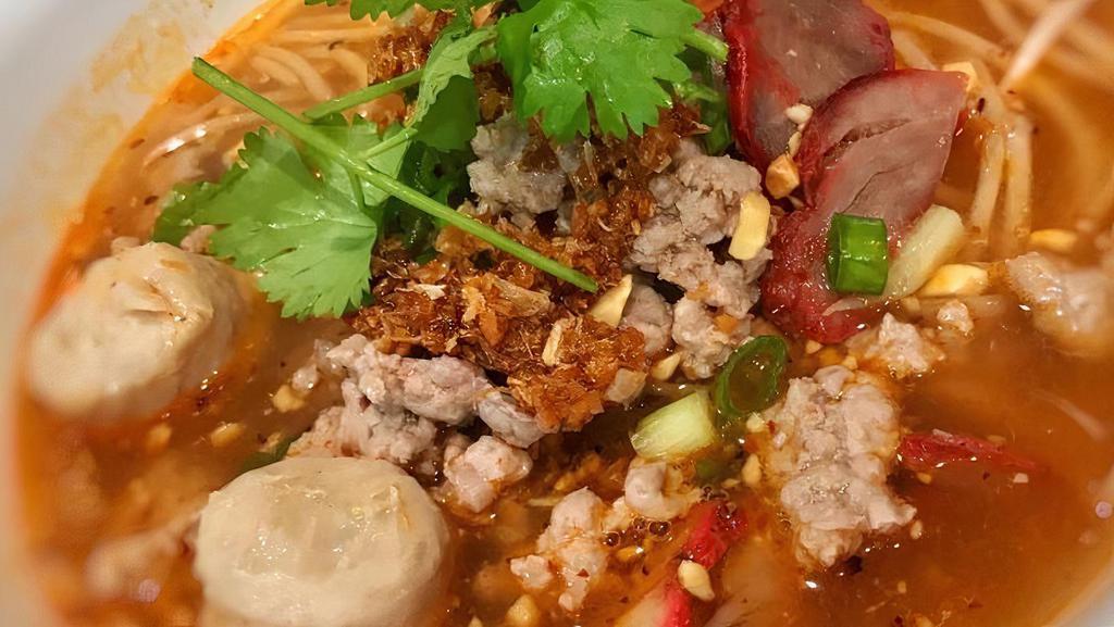 Thai Noodle Soup · Rice noodles in special Thai broth with choice of chicken, beef, or pork, served in a large bowl.