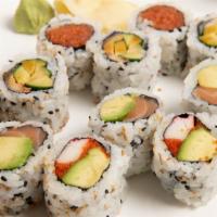 Roll Combo · Three pieces. California, spicy tuna, eel cucumber, salmon, and avocado. Served with miso so...