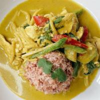 Green Curry · Gluten-free. Thai eggplant, bell pepper, bamboo shoot and fresh basil.