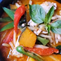 Red Curry · Gluten-free. Kabocha pumpkin, bell pepper, bamboo shoot and fresh basil.