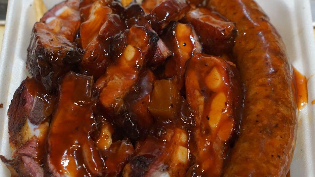 Large Tip & Link Combo · Rib tips and links served with fries and bread. (Lrg size pictured)