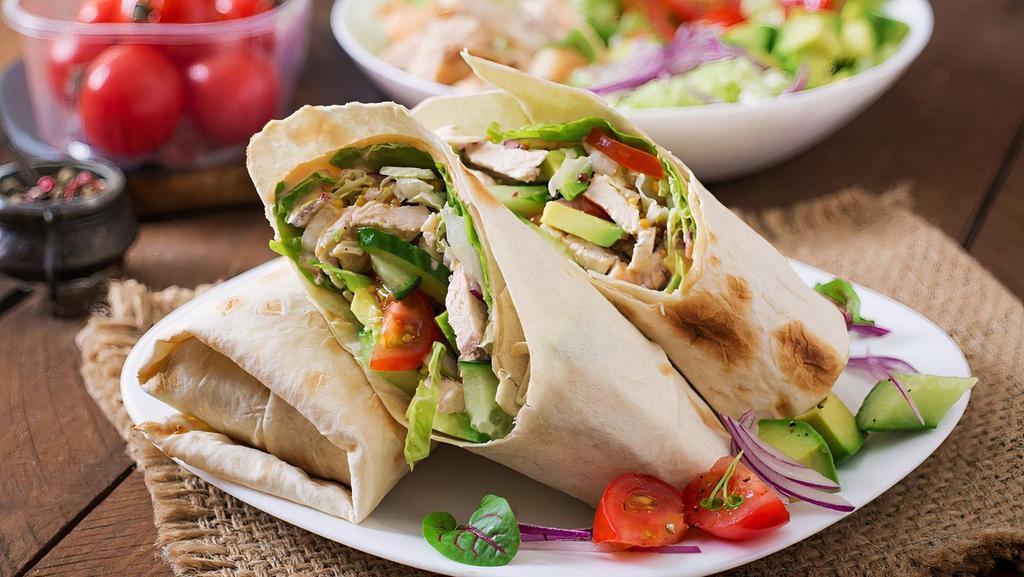 California Wrap · Grilled lemon chicken with avocado, bacon, melted Jack cheese, lettuce, tomato and your choice of mayo or mustard all wrapped up in a tortilla.