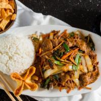 Mongolian Beef · Spicy. Beef slices stir-fried with scallions, bamboo, white onions, and carrots over crispy ...