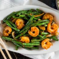 Shrimp With Green Beans · Fresh green beans sautéed with shrimp, onions, and red bell peppers.