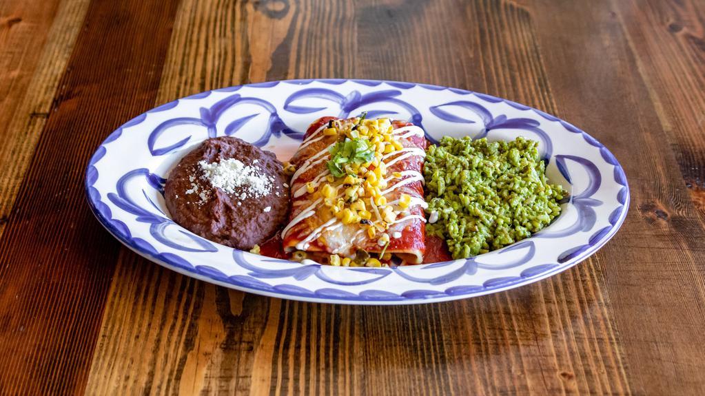 Enchiladas · Served with choice of Spanish or
cilantro brown rice & choice of charro beans or
refried black beans. Choice of Sauce: Roja, Verde, Crema or Queso