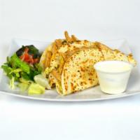 Baleadas Con Pollo · Flour tortilla stuffed with cheese, black beans, pan-fried eggs, and grilled chicken served ...