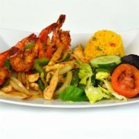 Pollo Y Camaron Plato · Grilled chicken strips and four jumbo shrimps with grilled peppers and onions.