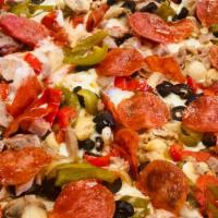 The Works Pizza · Pepperoni, sausage, mushrooms, peppers, onions & black olives.