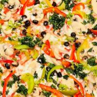 Veggies Pizza · Mushrooms, peppers, onions, black olives, spinach & broccoli.