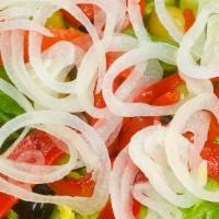 Vegan Tossed Salad · Cucumbers, Tomatoes, Green & Black Olives, Roasted Peppers & Onions on Romaine Lettuce. Serv...