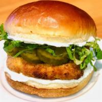 Vegan Chicken Sandwich · Vegan Breaded Chicken Patty on Vegan Brioche Bun with Vegan Mayo & Vegan Pickles.