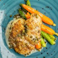 Chicken Piccata · Chicken breast prepared grilled or coated in lemon peppered panko with Parmesan cheese and p...