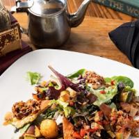 Old World Salad · mixed greens, roasted vegetables, goat cheese fritter, olive tapenade, toast points, creamy ...