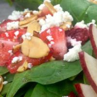 Spinach Salad · baby spinach, strawberries, apples, toasted almonds, basil balsamic vinaigrette