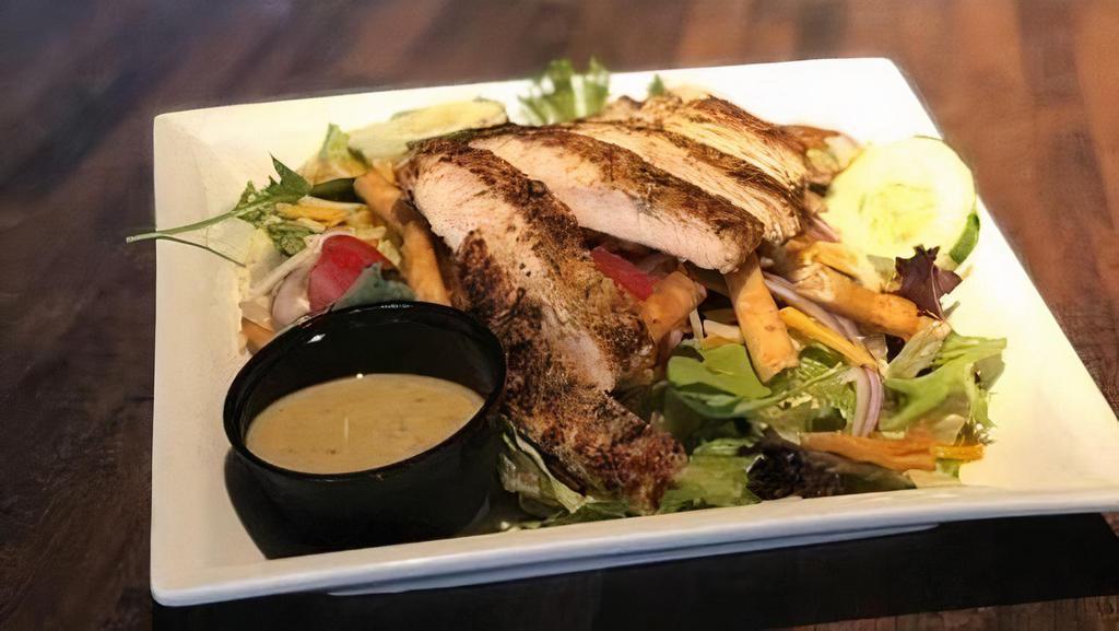 Southwest Chicken Salad · Grilled, Blackened, or Fried Chicken, Mixed Greens, Tomatoes,. Cucumbers, Cheddar Jack Cheese, Red Onions, Tortilla Strips and. your choice of dressing
