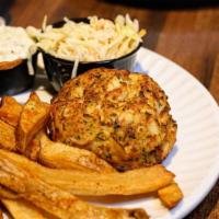 Colossal Crab Cakes · Two Jumbo Lump Crab Cakes, House Cut Fries, Coleslaw, and Tarragon-Caper Tartar Sauce