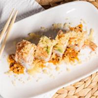 Snow Rabbit · Spicy Crab, Shrimp Tempura, and Cucumber topped with Spicy Crab, Cooked Shrimp, Avocado, and...