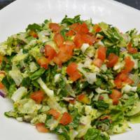 Chopped House Salad · Mixture of Chopped Iceberg and Romaine Lettuce, Cucumber, Tomato, Bleu Cheese Crumbles, Chop...