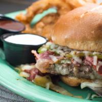 Crazy Mike’S Burger · 1/2 lb. ground chuck, pastrami, grilled bell pepper, grilled onion, and jack cheese.